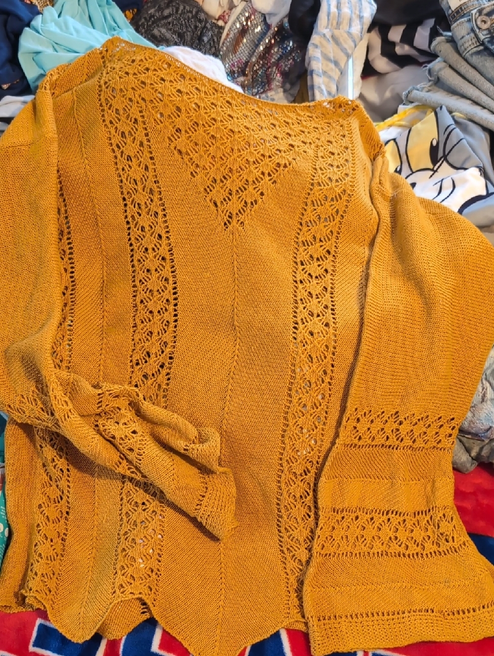 Mustard Openwork Knit Women’s Sweater